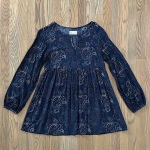 Babydoll Style Long Sleeve Tunic Top sz Medium Women’s Dark Blue Paisley Swing
